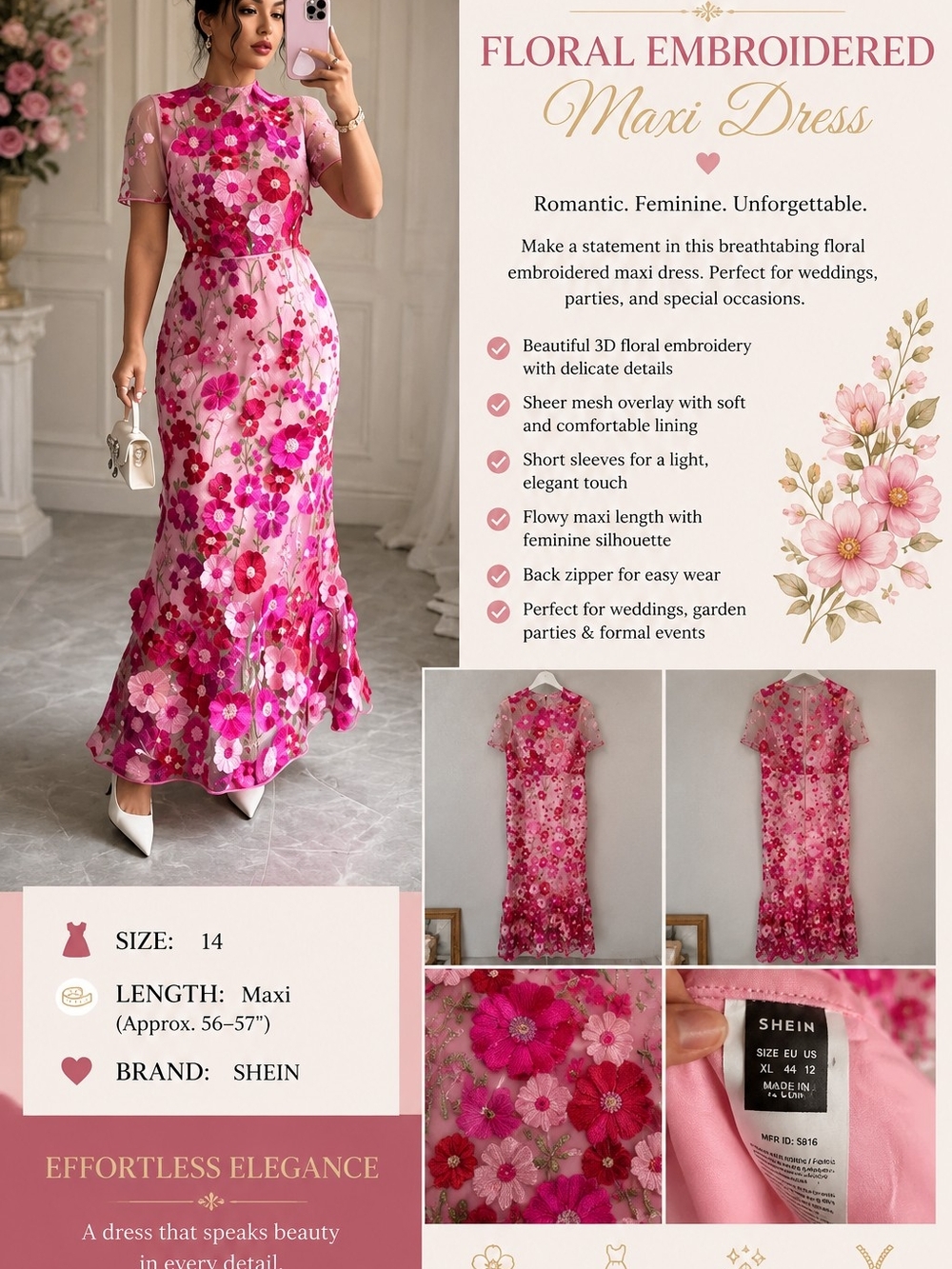 SHEIN Pink Floral Embroidered Maxi Dress Size 12